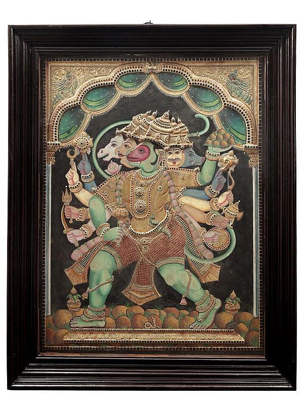 exotic india Panchamukhi Hanuman Tanjore Painting | Traditional Colors With 24K Gold | Teakwood Frame | Gold & Wood | Handmade | Made In India