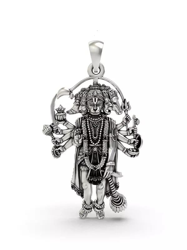 exotic india Panchamukhi Lord Hanuman Sterling Silver Pendant