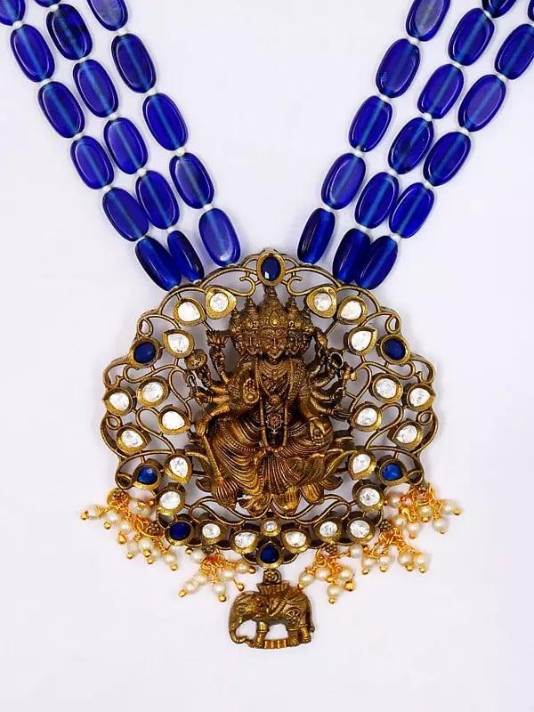 Exotic India Panchmukhi Goddess Lakshmi Long Necklace And Earrings Set With Stones And Beads