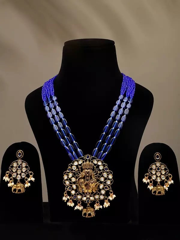 Exotic India Panchmukhi Goddess Lakshmi Long Necklace And Earrings Set With Stones And Beads