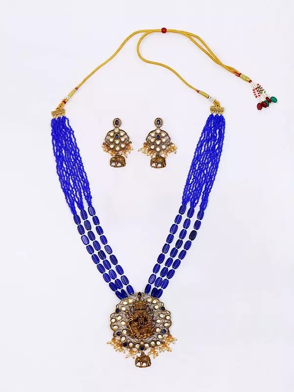 exotic india Panchmukhi Goddess Lakshmi Long Necklace and Earrings Set with Stones and Beads 