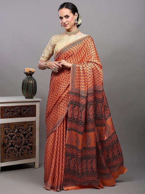 Exotic India Papaya-Punch Bagh Block Printed Saree With Paisley Motif Pallu From Madhya Pradesh 