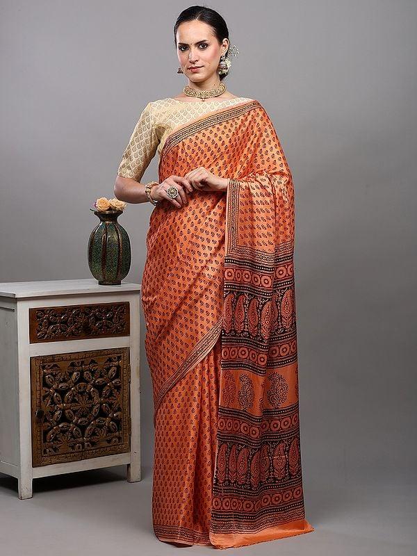 Exotic India Papaya-Punch Bagh Block Printed Saree With Paisley Motif Pallu From Madhya Pradesh 