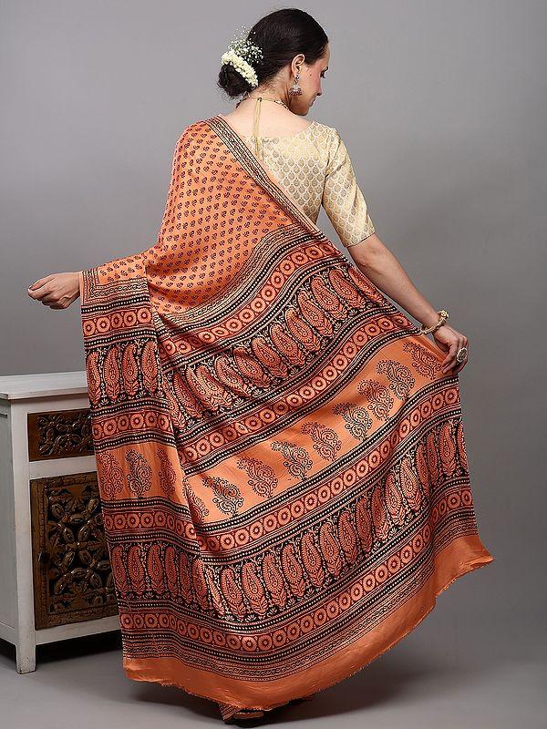 Exotic India Papaya-Punch Bagh Block Printed Saree With Paisley Motif Pallu From Madhya Pradesh 