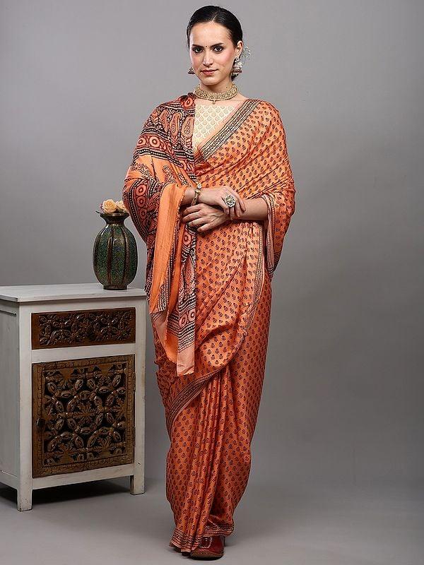 exotic india Papaya-Punch Bagh Block Printed Saree with Paisley Motif Pallu from Madhya Pradesh 