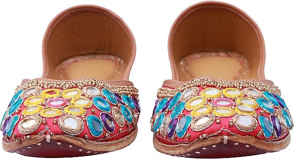 Exotic India Paradise-Pink Designer Jootis With Zardozi Embroidery By Hand And Mirrors