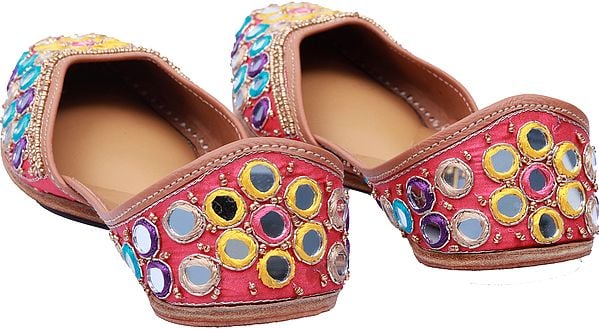 Exotic India Paradise-Pink Designer Jootis With Zardozi Embroidery By Hand And Mirrors