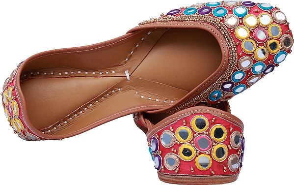 exotic india Paradise-Pink Designer Jootis with Zardozi Embroidery by Hand and Mirrors 