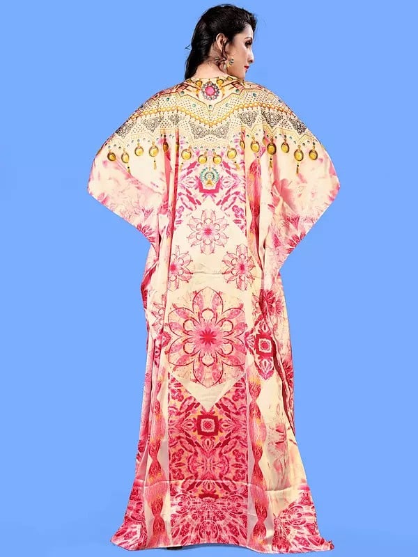 Exotic India Parfait-Pink V-Neck Printed Long Kaftan With Stone Work 