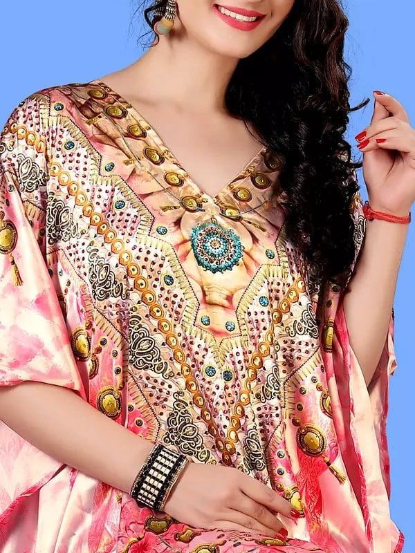 Exotic India Parfait-Pink V-Neck Printed Long Kaftan With Stone Work 