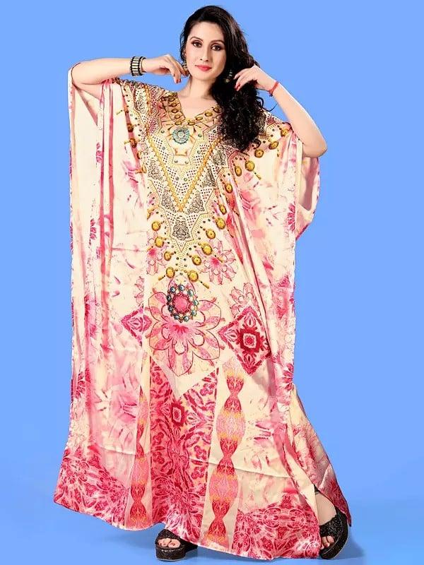 exotic india Parfait-Pink V-Neck Printed Long Kaftan with Stone work 
