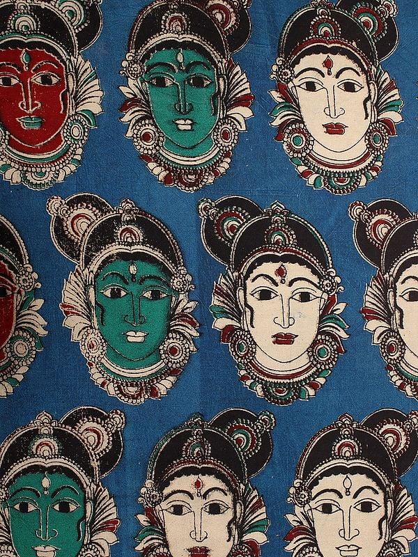 Exotic India Parisian-Blue Pure Cotton Kalamkari Blocked Printed Fabric 