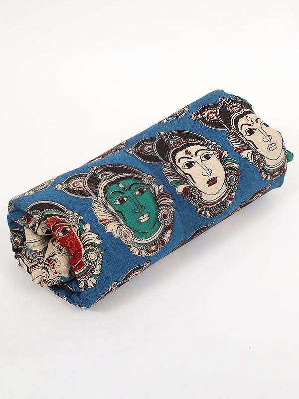 Exotic India Parisian-Blue Pure Cotton Kalamkari Blocked Printed Fabric 