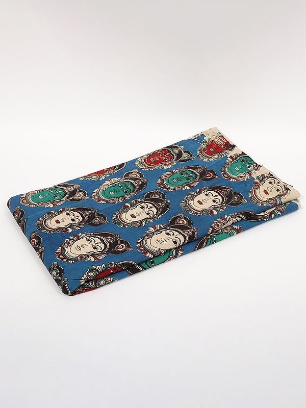exotic india Parisian-Blue Pure Cotton Kalamkari Blocked Printed Fabric