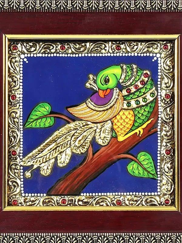 Exotic India Parrot | 24 Karat Gold Work | Framed Tanjore Painting