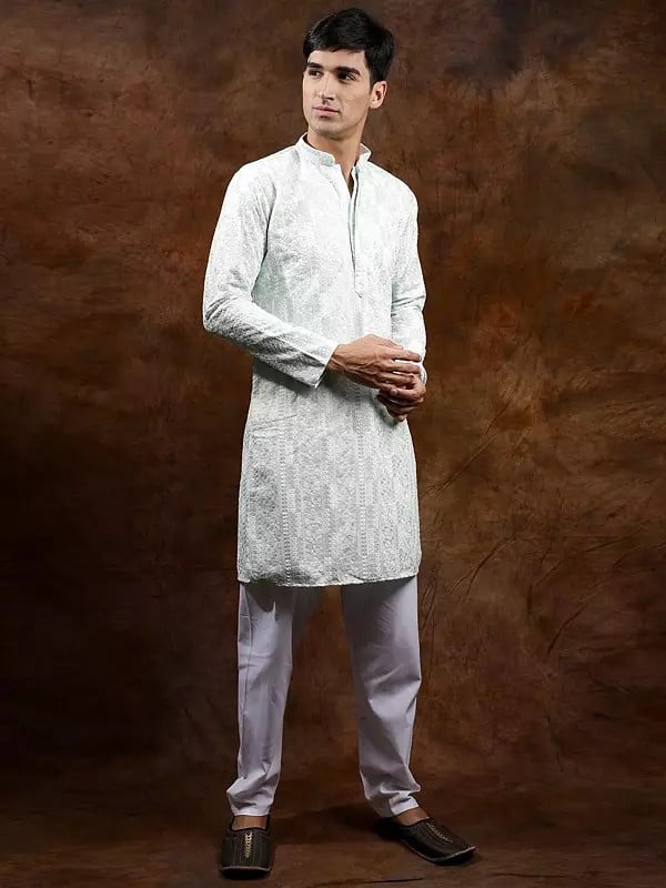 Exotic India Pastel Kurta Pajama Set With Chikankari Embroidery All-Over 