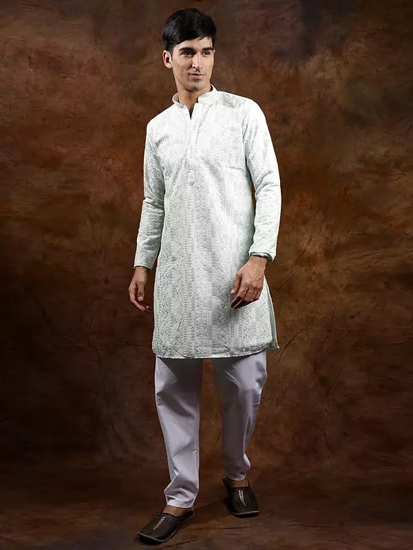 Exotic India Pastel Kurta Pajama Set With Chikankari Embroidery All-Over 