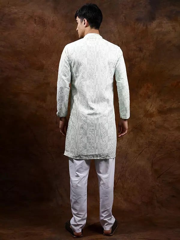 Exotic India Pastel Kurta Pajama Set With Chikankari Embroidery All-Over 