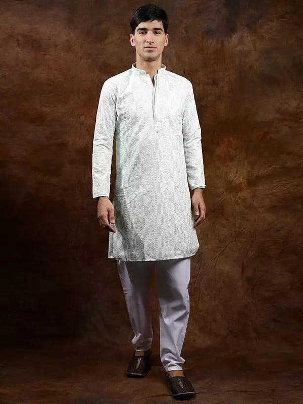 exotic india Pastel Kurta Pajama Set with Chikankari Embroidery All-Over 