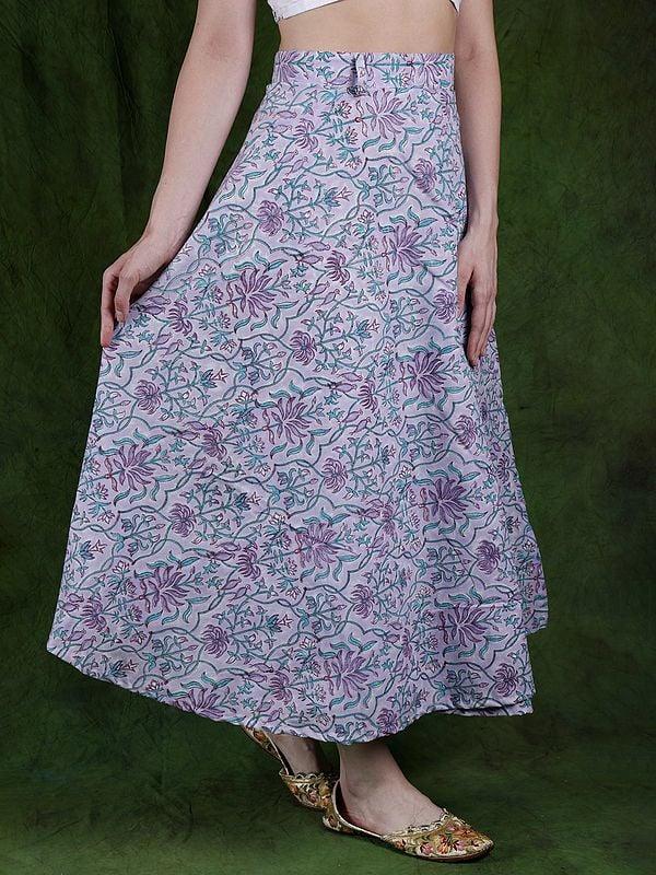 Exotic India Pastel-Lilac Pure Cotton Wrap Around Long Skirt With Birds And Leaf Print