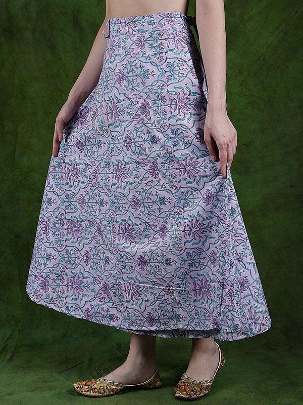 Exotic India Pastel-Lilac Pure Cotton Wrap Around Long Skirt With Birds And Leaf Print
