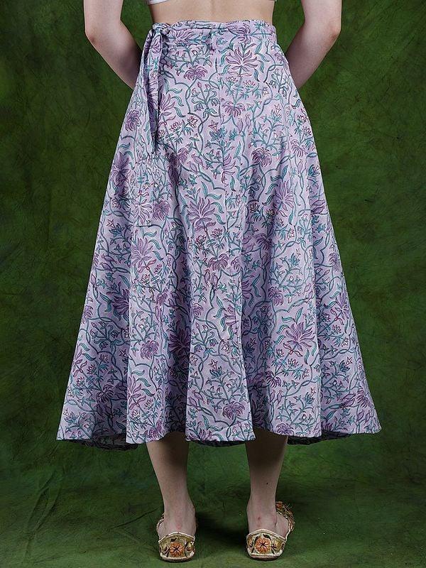 Exotic India Pastel-Lilac Pure Cotton Wrap Around Long Skirt With Birds And Leaf Print
