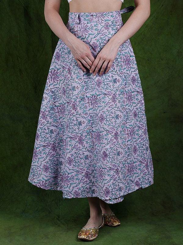 exotic india Pastel-Lilac Pure Cotton Wrap Around Long Skirt with Birds and Leaf Print 