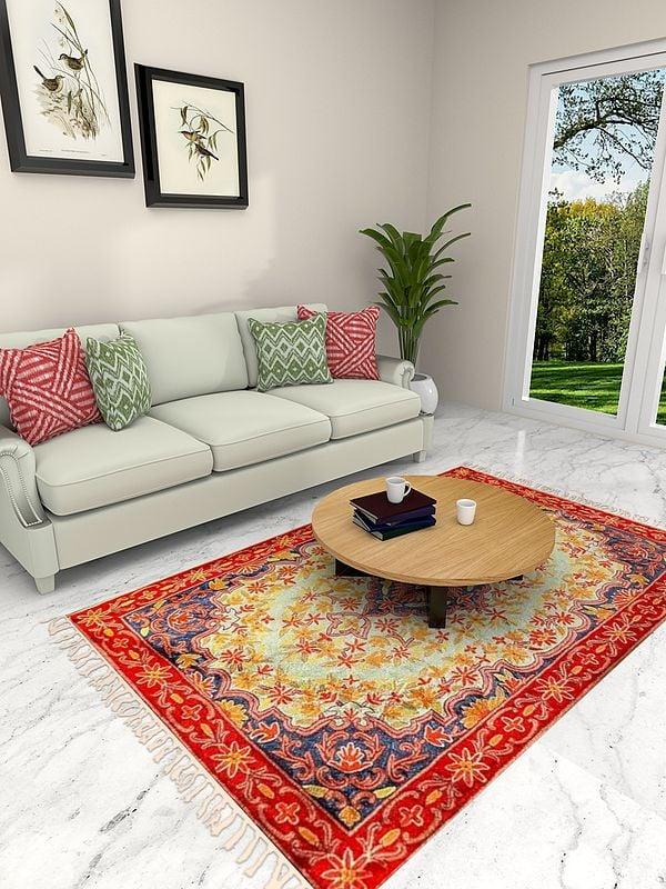 Exotic India Paster-Green Kashmiri Floral Chain Stitched Asana Carpet For Prayers 