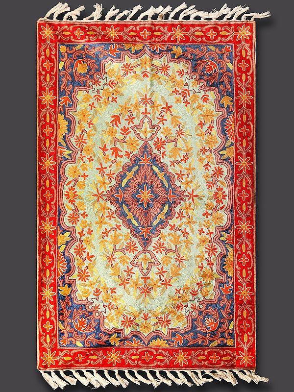 Exotic India Paster-Green Kashmiri Floral Chain Stitched Asana Carpet For Prayers 