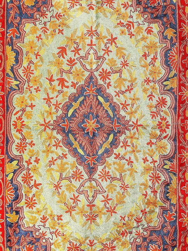 Exotic India Paster-Green Kashmiri Floral Chain Stitched Asana Carpet For Prayers 