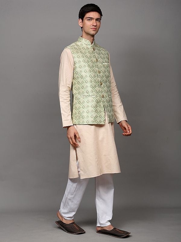 Exotic India Paster-Green Thread Embroidered Waistcoat With Front Pockets 