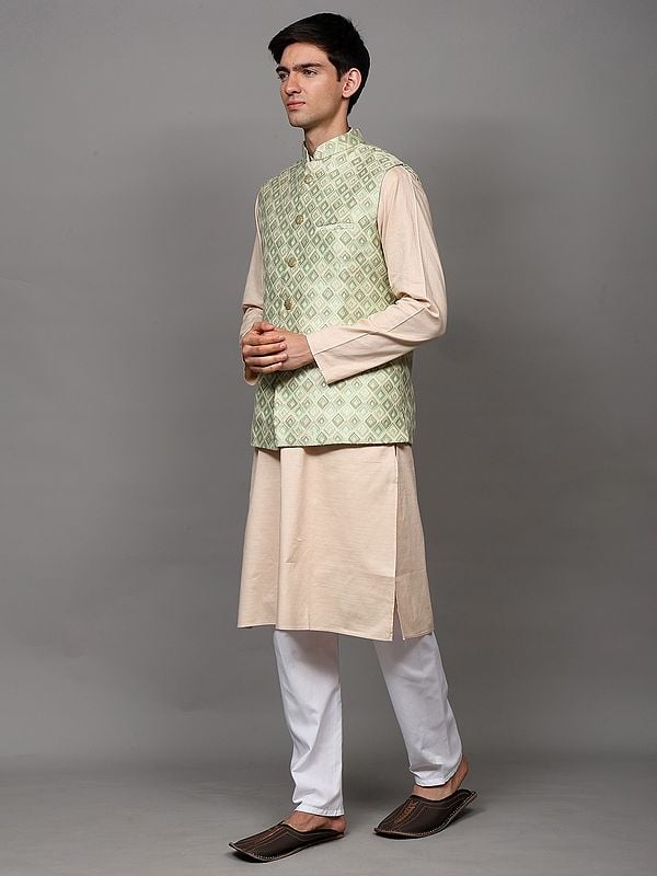Exotic India Paster-Green Thread Embroidered Waistcoat With Front Pockets 