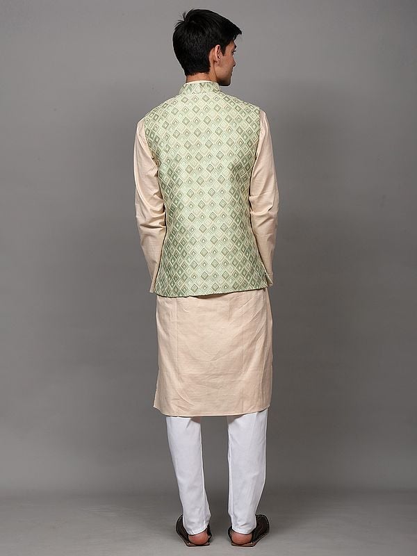 Exotic India Paster-Green Thread Embroidered Waistcoat With Front Pockets 