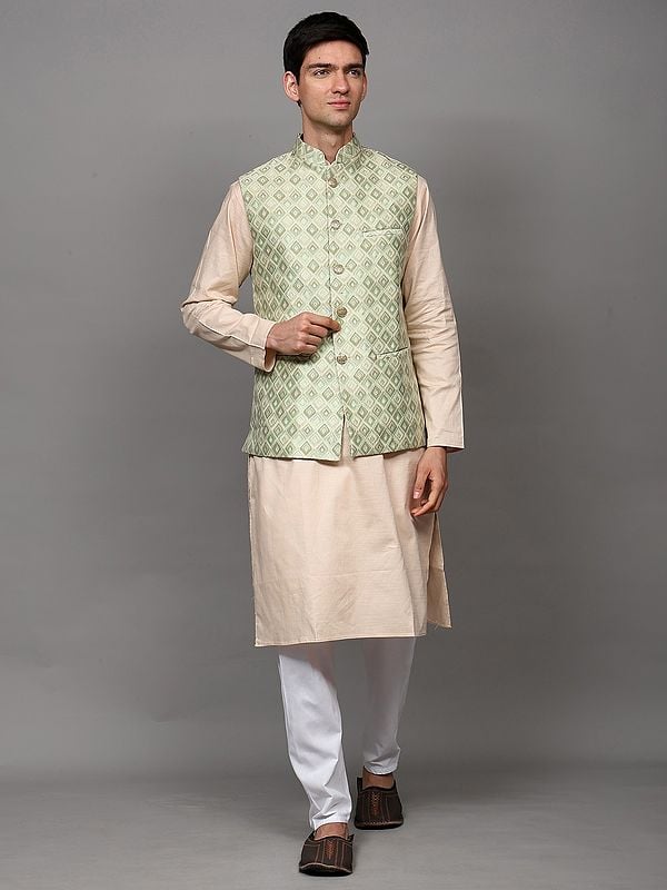 exotic india Paster-Green Thread Embroidered Waistcoat with Front Pockets 