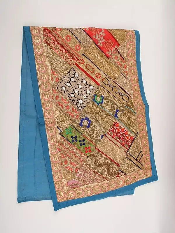 Exotic India Patchwork Dining Table Runner From Gujarat With Zari And Sequins Embroidered Floral Motifs