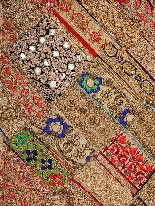 Exotic India Patchwork Dining Table Runner From Gujarat With Zari And Sequins Embroidered Floral Motifs
