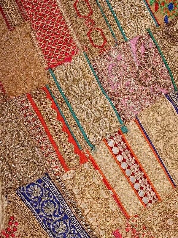 Exotic India Patchwork Dining Table Runner From Gujarat With Zari And Sequins Embroidered Floral Motifs