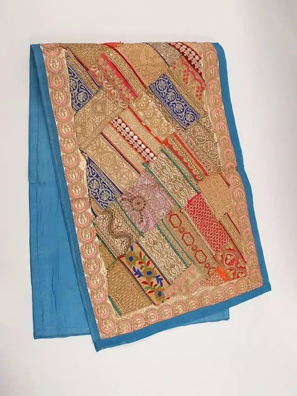 exotic india Patchwork Dining Table Runner from Gujarat with Zari and Sequins Embroidered Floral Motifs 