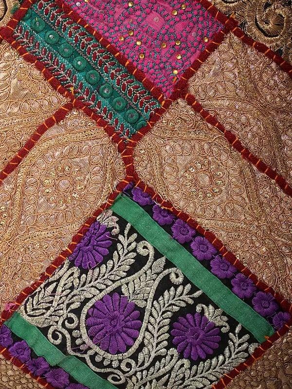 Exotic India Patchwork Zari Embroidered Shoulder Bag With Pom Poms 
