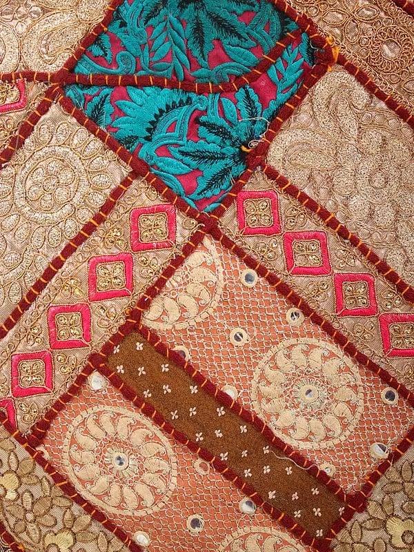 Exotic India Patchwork Zari Embroidered Shoulder Bag With Pom Poms 
