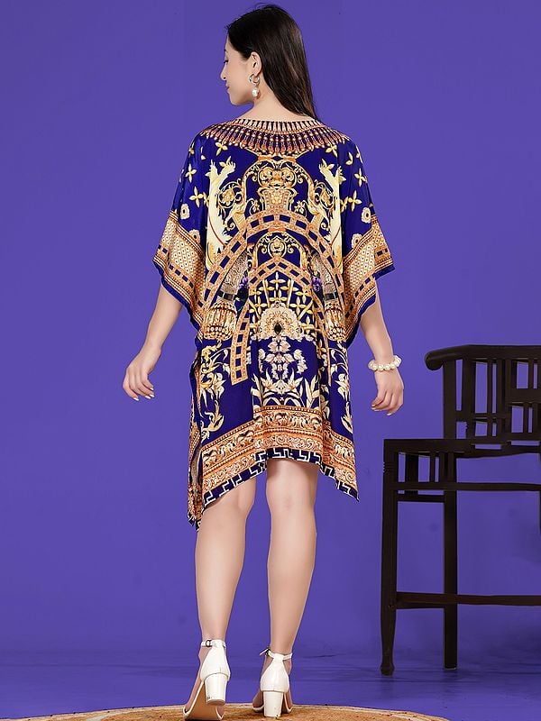 Exotic India Patriot-Blue Printed V-Neck Short Kaftan With Stone Work 