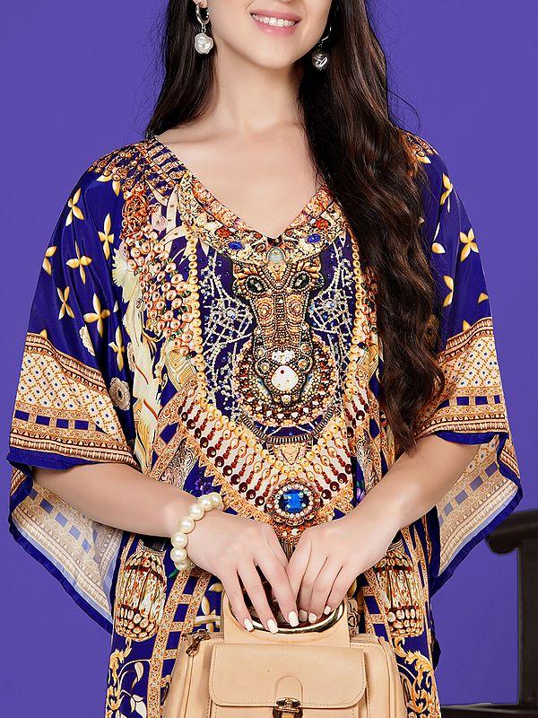 Exotic India Patriot-Blue Printed V-Neck Short Kaftan With Stone Work 