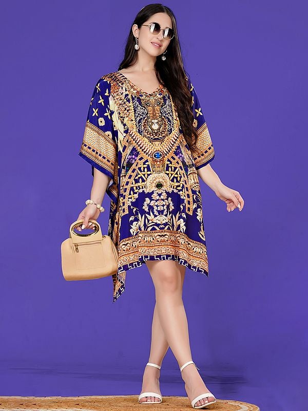 exotic india Patriot-Blue Printed V-Neck Short Kaftan with Stone work 