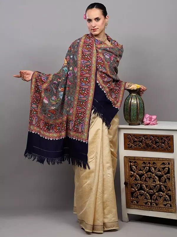 Exotic India Patriot-Blue Pure Wool Kashmiri Shawl With Aari Hand-Embroidery Of Birds On Tree Branches 