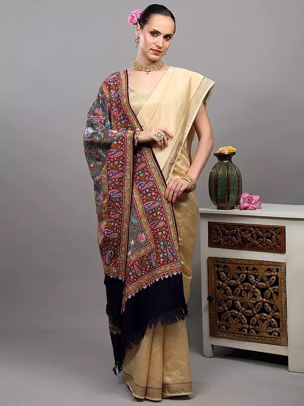 Exotic India Patriot-Blue Pure Wool Kashmiri Shawl With Aari Hand-Embroidery Of Birds On Tree Branches 