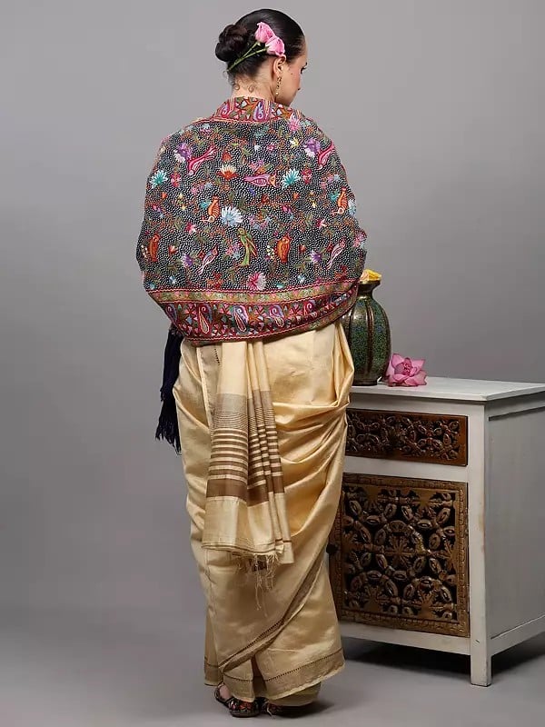 Exotic India Patriot-Blue Pure Wool Kashmiri Shawl With Aari Hand-Embroidery Of Birds On Tree Branches 