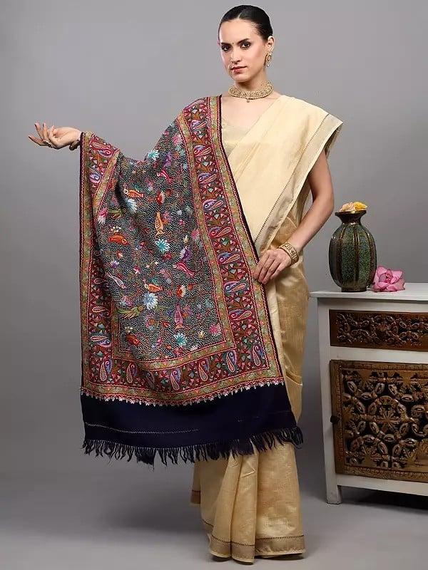 exotic india Patriot-Blue Pure Wool Kashmiri Shawl with Aari Hand-Embroidery of Birds on Tree Branches 