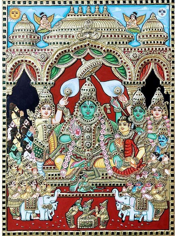 exotic india Pattabhishekam - Lord Ram Tanjore Painting | Traditional Colors with Gold Work 