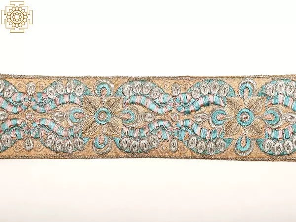 Exotic India Peach Border With Multicolor Silver-Zari Thread Work 