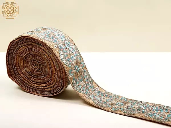 exotic india Peach Border with Multicolor Silver-Zari Thread Work